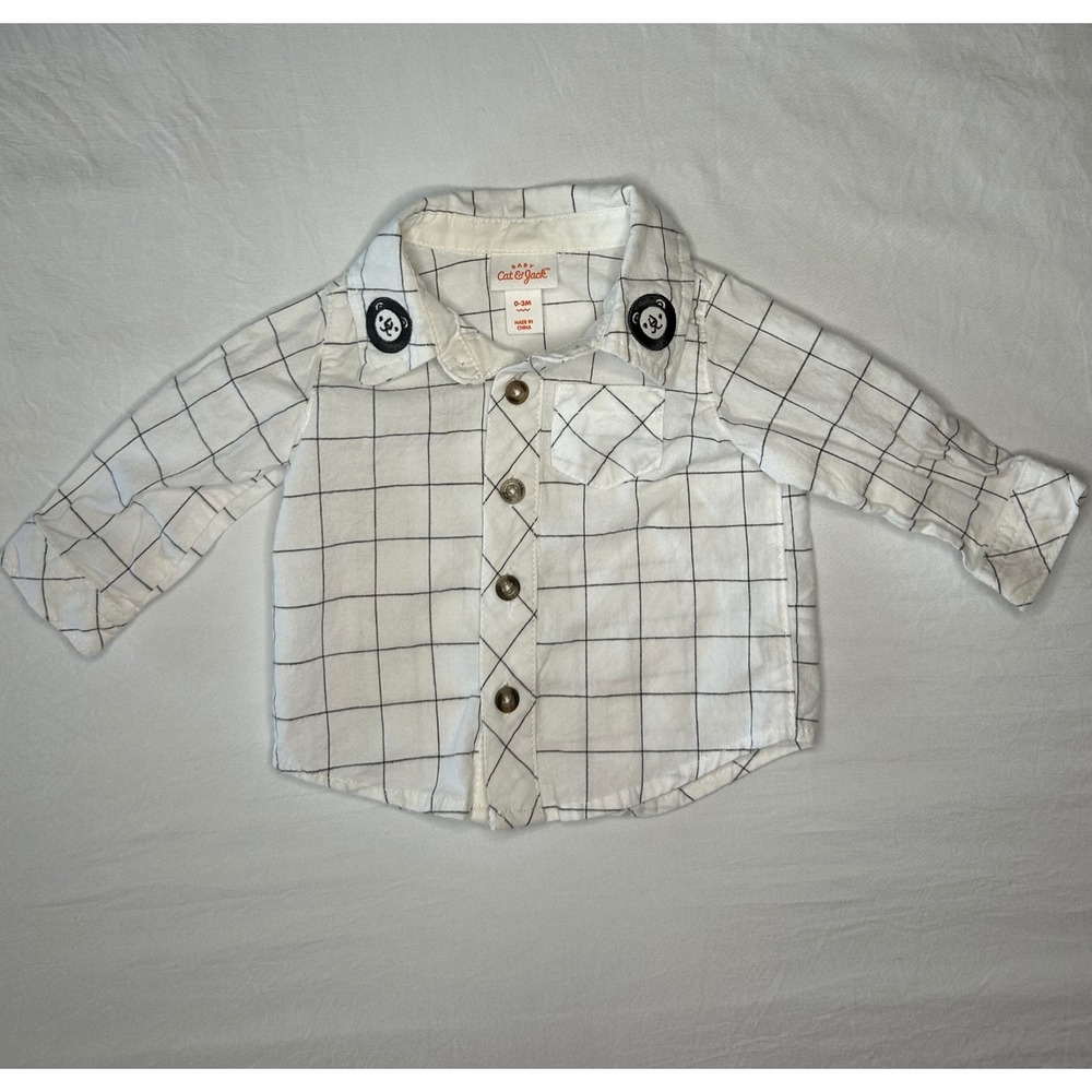 Baby Cat & Jack White Plaid Button-Up Shirt with Bear Accents‎ (0-3M)